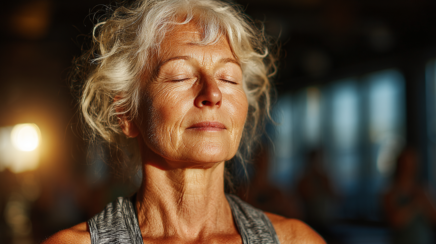Възрастна жена практикува йога в спокойна обстановка
